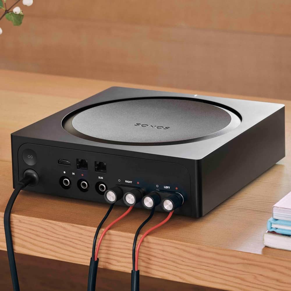 Amp's rear panel features inputs for wired speakers, RCA input, a dedicated Subwoofer out, and more